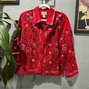 Vintage Tantrums Collections Women's Red Embroidered Floral Button Down Top